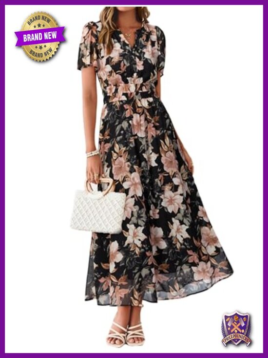 Dresses & Skirts - Women Floral Summer Maxi Dress Boho Flowy Casual Chiffon Short Sleeves V Neck